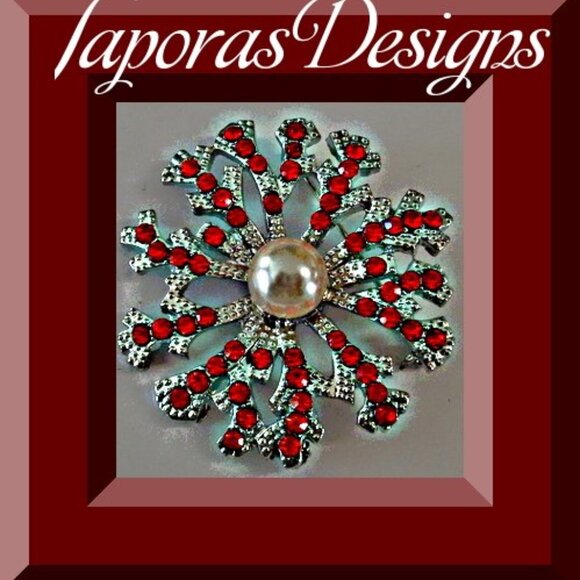 Silver Tone Snowflake Design Brooch With Red Crystals With White Faux Pearl - Picture 1 of 1